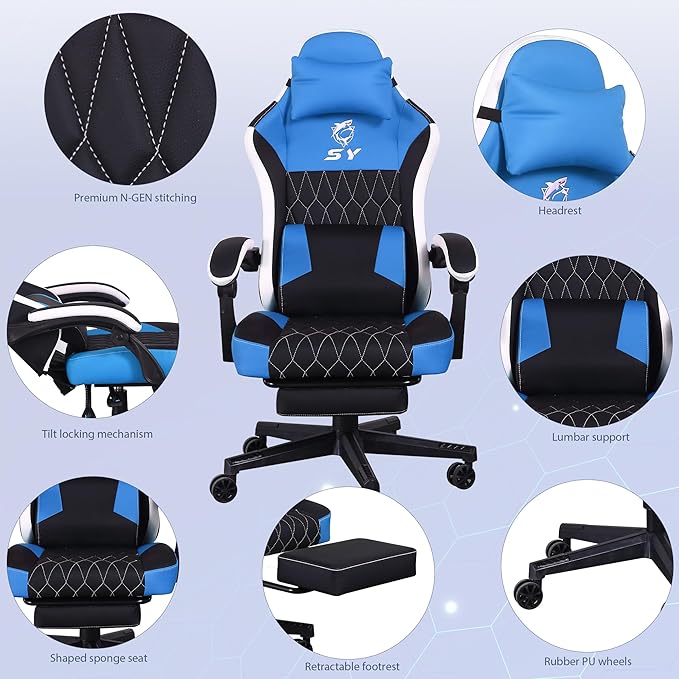 Gaming Chair,Video Game Chair with Footrest and Massage Lumbar Support, Ergonomic Computer Chair Height Adjustable with Swivel Seat and Headrest