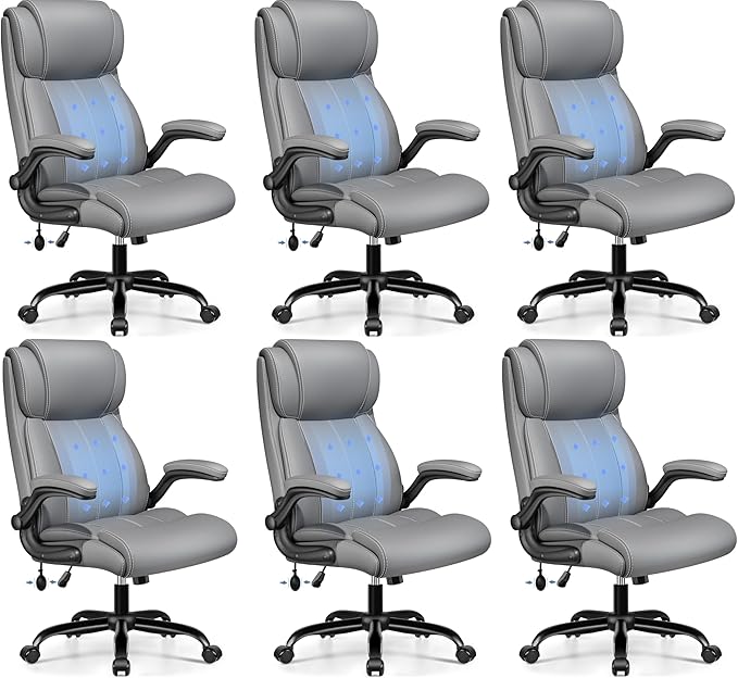 BESTFAIR Ergonomic Office Chair - Desk Computer Chair, Leather High Back Executive Chairs with Adjustable Lumbar Support & Flip Up Arms, Gray 6 Pack