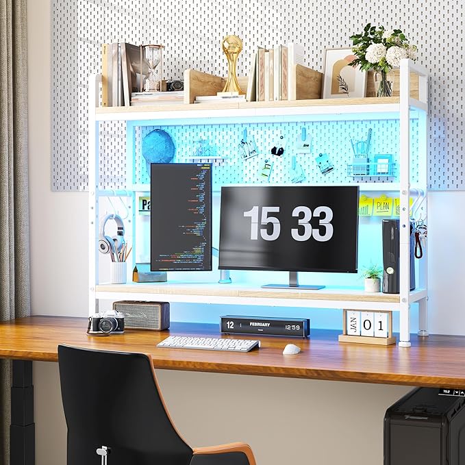 REIBII 35.5" Desk Shelf with LED Lights and Hooks,2-Tier Adjustable Multipurpose Solid Wood Desk Hutch Dorm,Desktop Organizer Rack with 3 Display Rack for Dorm,Office Home,White