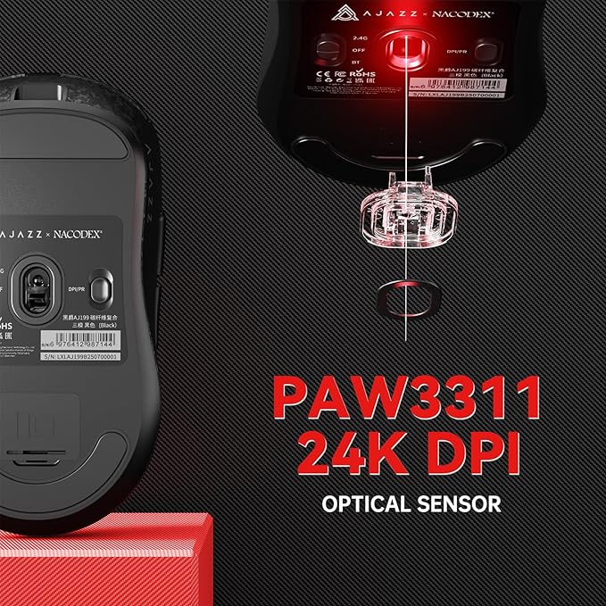 A.JAZZ Ajazz AJ199 Wireless Gaming Mouse Ultra-Lightweight 55g Tri-Mode Connection 24000 DPI PAW3311 Sensor Carbon Fiber Shell 500mAh Battery 1K Polling Rate Durable & Anti-Slip Design Black