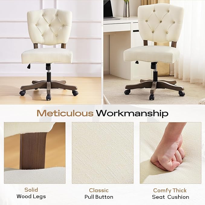 HUIMO Upholstered Swivel Desk Chair Chenille Tufted Fabric Home Office Chair with Wheels Adjustable Height Classic Task Chair with Wooden Legs Comfortable Armless Chair for Studio Study (Cream)