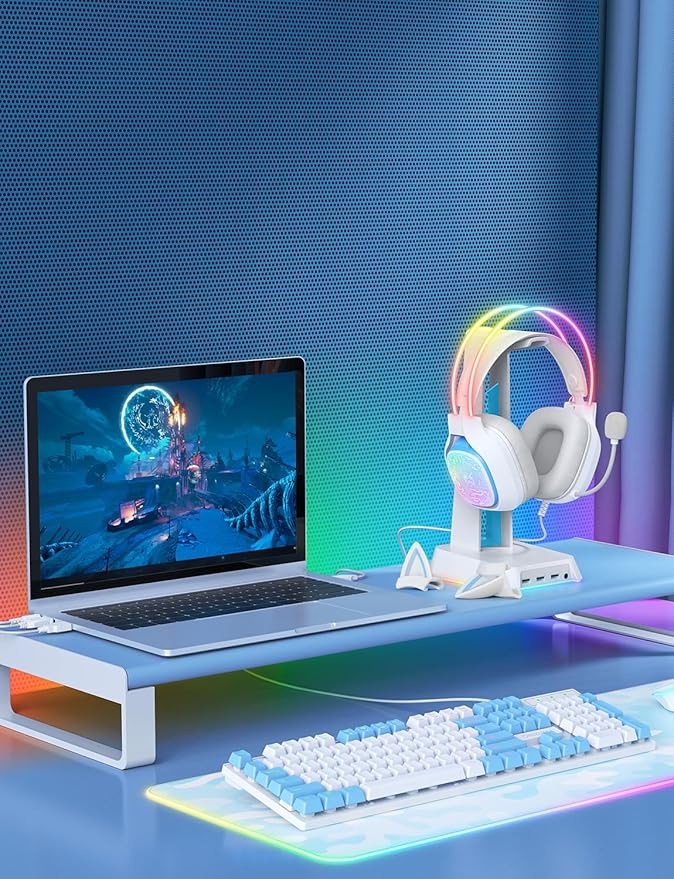 Gaming Headset with Microphone, RGB Lights, Detachable Cat Ear, Lightweight Over-Ear Headphones with Adjustable Headband for PC, PS4, PS5, Mac, Switch, Surround Sound, in-Line Control, White