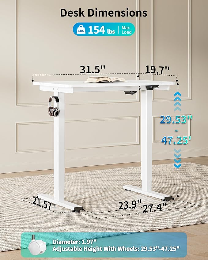 BIZUM 31.5" Small Electric Standing Desk Height Adjustable, Whole Piece Stand Up Computer Desk Work Study Writing Gaming Desks for Home Office White