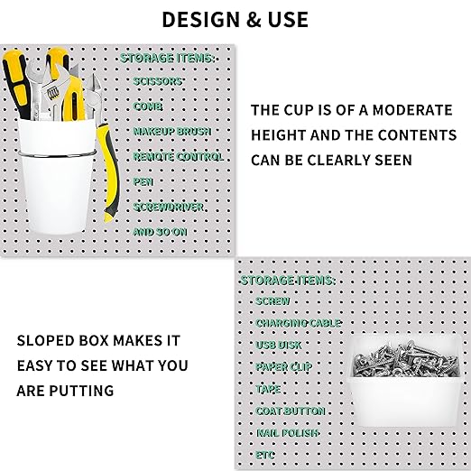 Kuhome 6 Sets Pegboard Bins Cups with Hooks Loops, Pegboard Hooks Assortment, Hooks for Pegboard Cup Holder for Tools Accessory Storage Organizer for Office Workshop Garage Workbench White