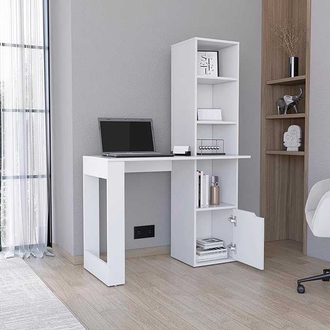 Iowa Computer Desk with Spacious Work Surface, Integrated Four-Tier Bookcase, Single-Door Storage Cabinet and Modern Space-Saving Design for Organized Home Office, Study Area or Creative Workspace