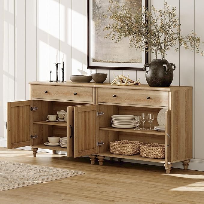 WAMPAT Home Office Furniture Set, 56'' Executive Desk with Charging Station, 2-in-1 Cabinet with 4 Doors and 2 Drawers, Wood Computer Desk with File Cabinet Storage, Open Shelf, Oak