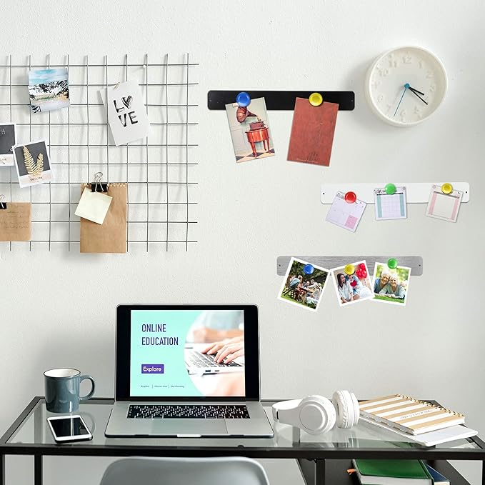 Outus 6 Pieces Frameless Magnetic Stainless Iron Board Strip 15 x 2 Inch Bulletin Bar Board Memo Strip Set with 48 Pieces Colorful Magnet for Kitchen Office(Silver, Black, White)