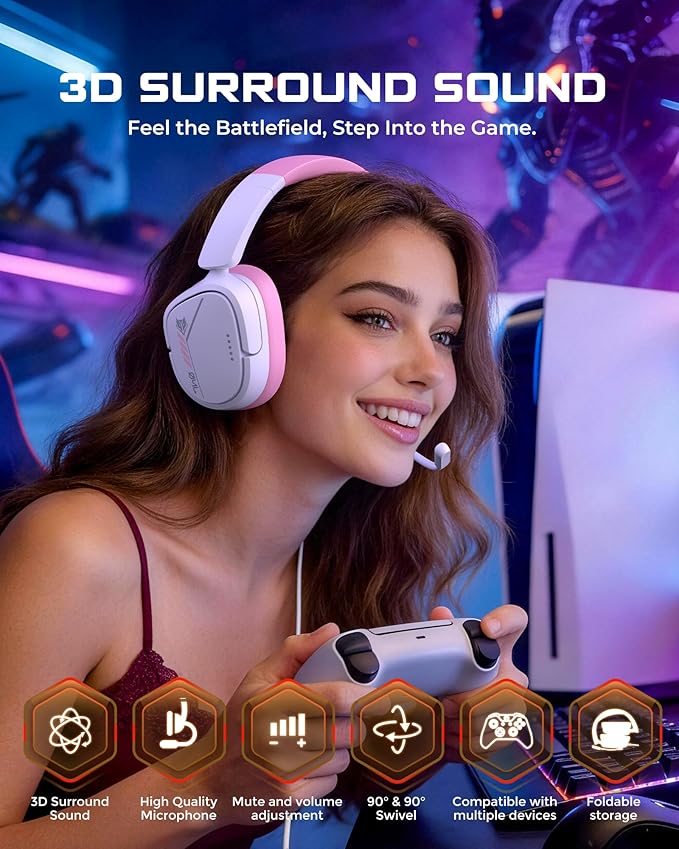 NUBWO HG04L Gaming Headset for PS5/PS4, Xbox Series X|S/Xbox One, Switch – 250g Lightweight, Clear Unidirectional Mic, Soft Memory Earmuffs, 3.5mm Jack for Gaming & Work - Pink