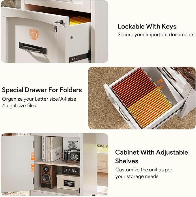 Decofy 67" Farmhouse L Shaped Standing Desk with Drawers Home Office Executive Desks with Fast Charging Station, Lockable File Cabinet, Wood Writing Computer Desk for Work, Study, White