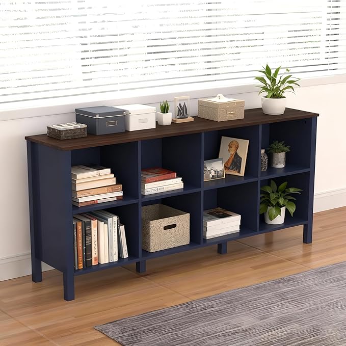 8-Cube Bookcase, Farmhouse Wooden Bookshelf Low Storage Organizer, 59" Horizontal Navy Blue Console with Legs, Hallway Book Case for Entryway, Display Cabinet for Living Room (Navy Blue, 8-Cube)