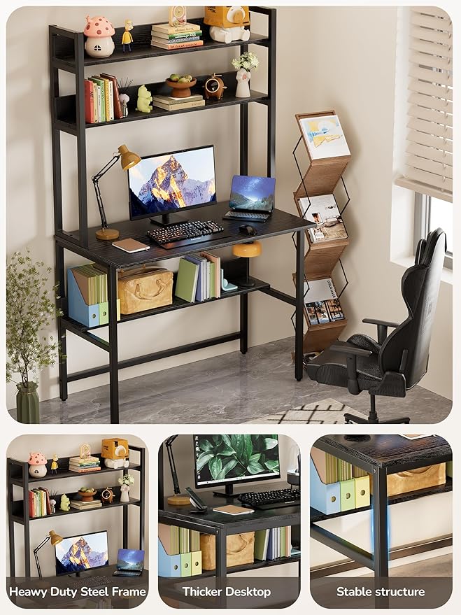 Aquzee Computer Desk with Hutch, 40“W x 19.6" D Desk with Shelves, Tall Home Office Desk with Bookshelf, Metal Legs Study Table with Upper Storage Shelf for Study Writing/Workstation, Black