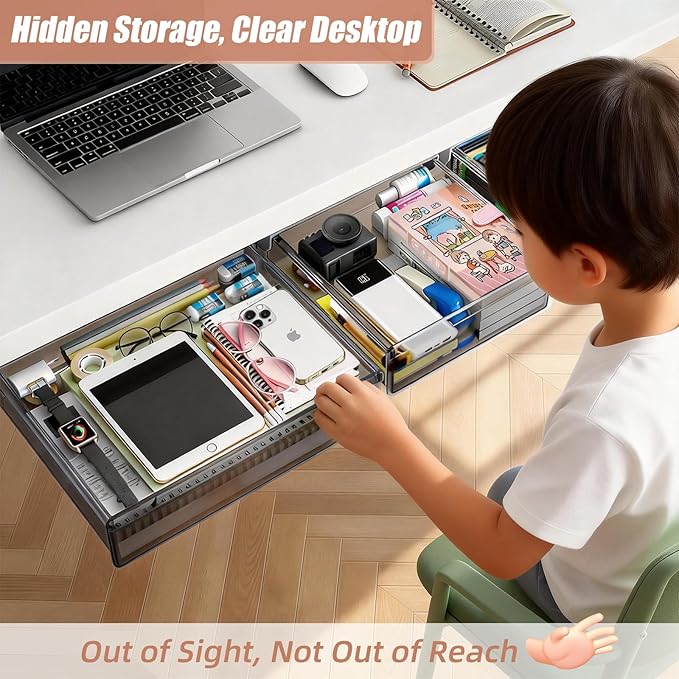 3 Pack Under Desk Drawer Slide Out Storage Organizer, Transparent Black Hidden Desktop Drawer Attachment with 3 Sizes (S/M/L), Adhesive or Screw-Mount Table Tray for iPads, Journals & Desk Accessories