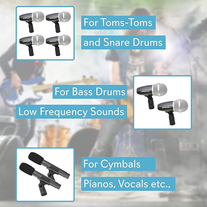 Pyle 7-Piece Wired Dynamic Kit-Kick Bass, Tom/Snare & Cymbals Microphone Set-for Drums, Vocal, & Other Instrument-Complete with Thread Clip, Inserts, Mics Holder & Case, Black