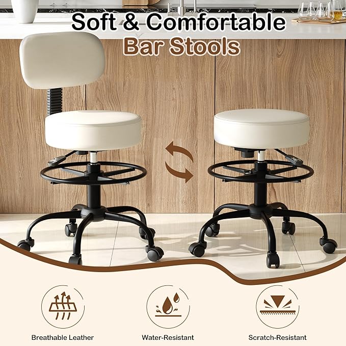 Drafting Chair with Back Support, Adjustable Foot Rest Rolling Stool, 360° Swivel Office Desk Chair with Wheels, Thick Seat Cushion for Home Bar Salon Tattoo Shop (1, White)