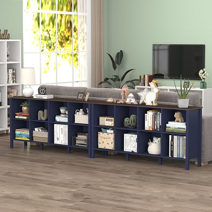 8-Cube Bookcase, Farmhouse Wooden Bookshelf Low Storage Organizer, 59" Horizontal Navy Blue Console with Legs, Hallway Book Case for Entryway, Display Cabinet for Living Room (Navy Blue, 8-Cube)