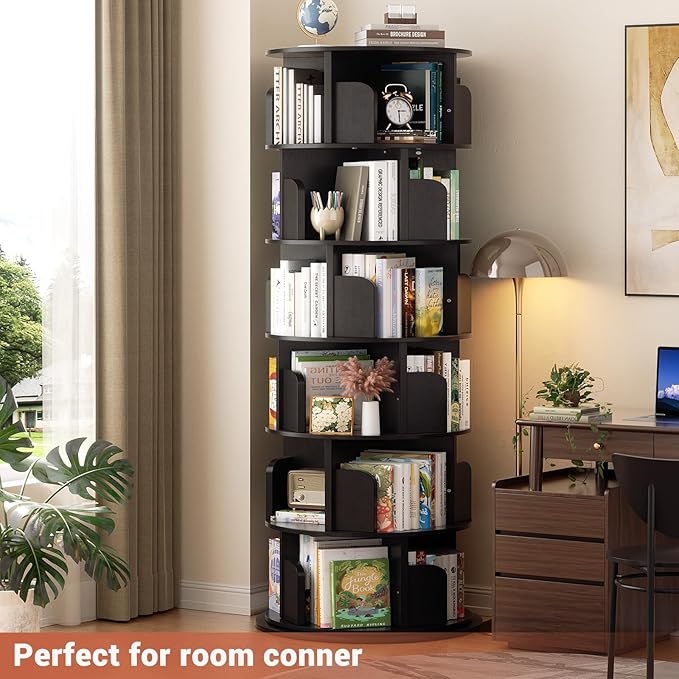 Besiost Rotating Bookshelf Tower, 6 Tier Spinning Bookcase, Revolving 360 Book Shelf Narrow Tall Bookcase, Vertical Turning Round Bookshelf Organizer, Wood Corner Bookshelf for Small Space, Black