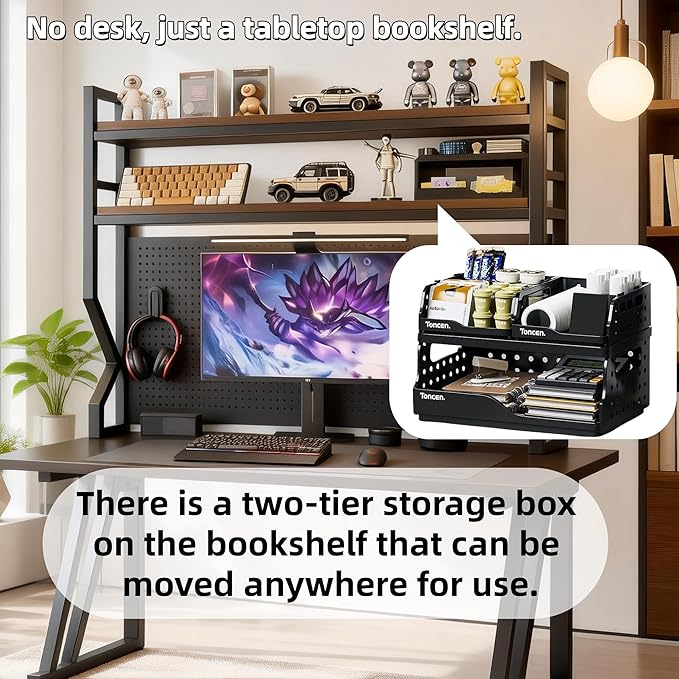 Desktop Hutch Bookshelf,Many Gifts,Metal Desktop Bookcase with pegboard, Desk Shelf, Countertop Storage Organizer Rack for Dorm or Office,Desktop Shelves (Natural+Black, 37.4" Lx9.9 Wx39 H)