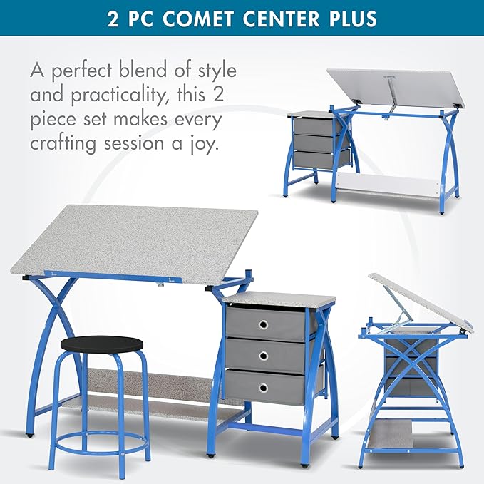 SD Studio Designs Comet Center Plus, Craft Table and Matching Stool Set with Storage and Adjustable Top, Blue/Spatter Gray, 50x23.75x29.5 inches, 2 Piece