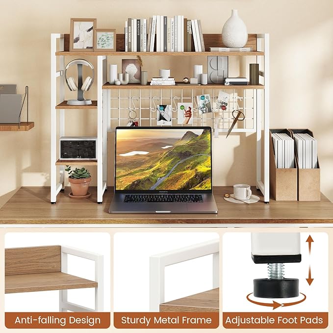Giantex Desktop Bookshelf, 37" Desk Shelf for Up to 32" Computer Monitor, 4 Tier Desktop Display Shelves w/Grid Panel, 6 Movable Hooks, Anti-tip Device, Desk Hutch for Home Office Dorm (Natural)