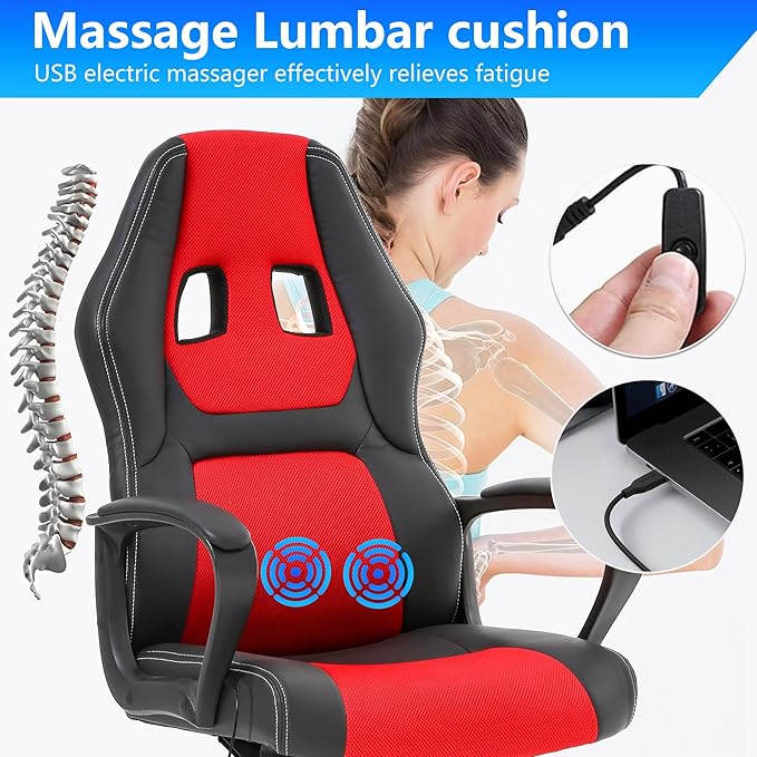PayLessHere Gaming Chair Office Chair with Support Adjustable Ergonomic Pu Leather Racing Lumbar Massage Headrest Armrest Task 360° Swivel Computer Chair for Women Men Adults，Red