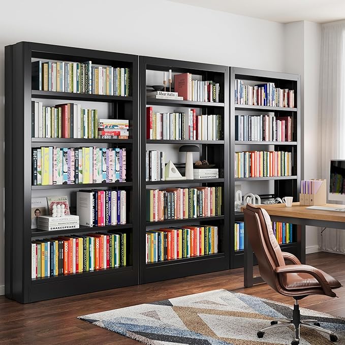 71" Metal Bookshelf,5 Tier Black Bookshelf with Adjustable Shelves,Heavy Duty Bookshelves and Bookcases,Tall Bookcase for Living Room,Library,Office,Including Book Stopper (Black, 37.4" Wide)