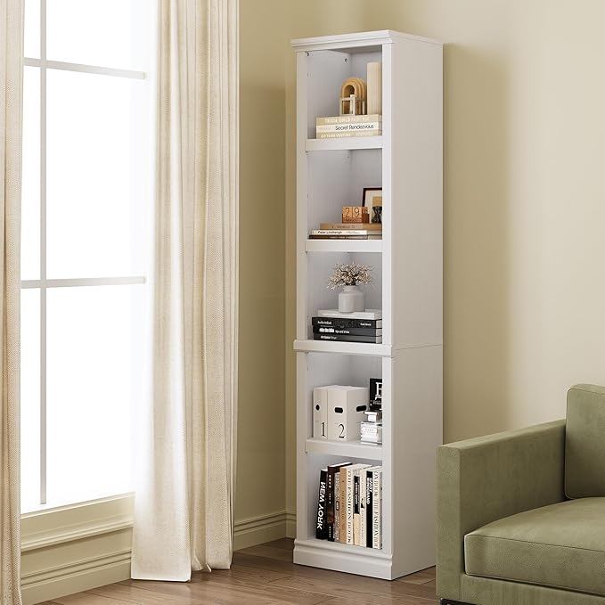 Bevfint 70" Tall Bookcase, White Narrow Floor Standing Bookshelf, 5 Tier Shelves Open Storage Organizer, Book Case for Living Room Hallway Kitchen Home Office Bathroom, White - 5 Tier
