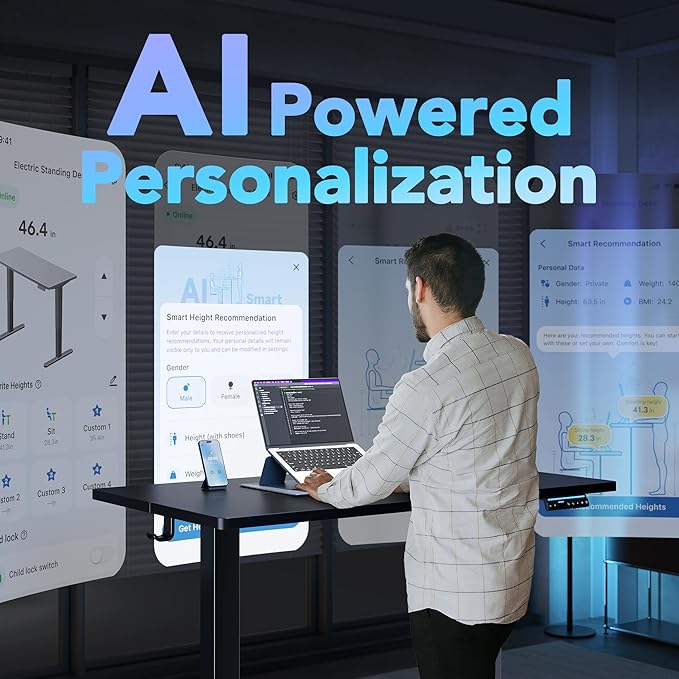 HUANUO 55" AI Smart Standing Desk with App-Synced Sedentary Reminders, Electric Height Adjustable Desk with Body-Data Ergonomic Presets, Voice Control Alexa/Google/Siri, 3 Memory Settings Table, Black