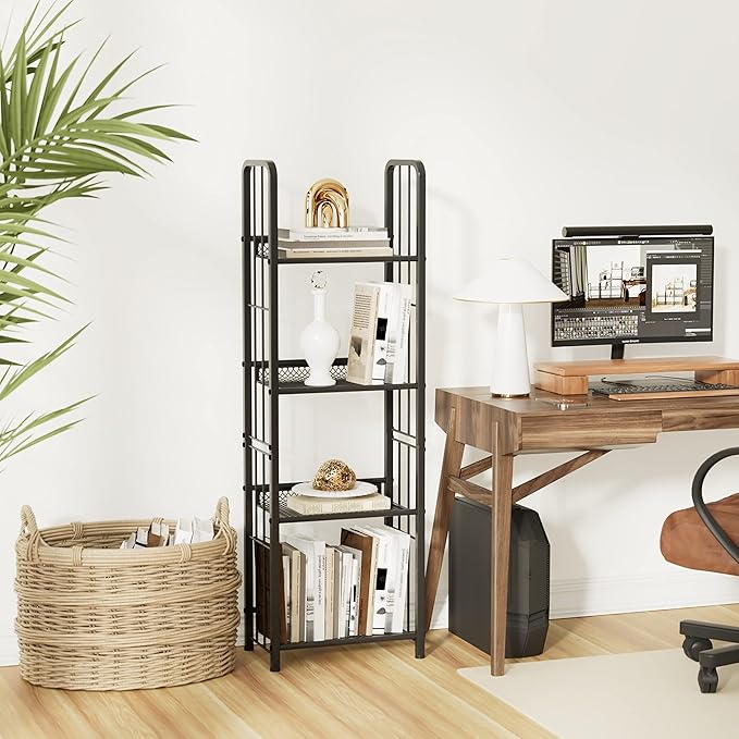 Bookshelf Vertical Storage Freestanding Storage Stand for Living Room, Bedroom, Kitchen, Rust Resistance, Easy Assemblyl Free CombinationMulti-Functional Organizer (4 Tiers, Black)