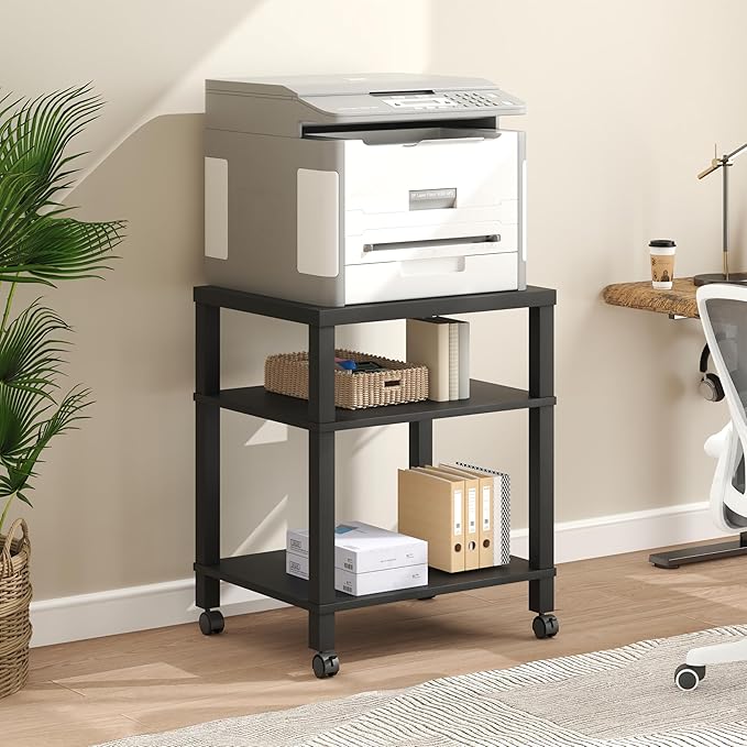 3-Tier Printer Stand with Wheels, Large Under Desk Rolling Cart for Office Storage, Heavy Duty Machine Stand with Adjustable Shelf, 22.04"x17.71"x26.54", Black