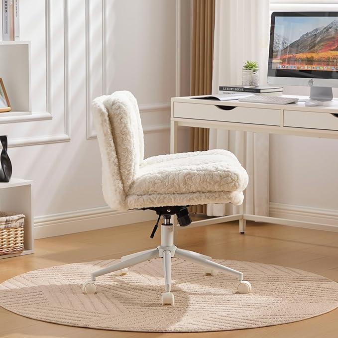 Goujxcy Desk Chair with Thickened seat Cushion, Modern Faux Fur Upholstered Home Office Chair, 360° Swivel Armless Desk Chairs, 120°Rocking Ergonomic Computer Task Vanity Chairs, Cream