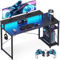 MOTPK 48 Inch Gaming Desk with Storage & Led Lights, Computer Desk with Shelf, Reversible Gamer Desk with Monitor Stand, Carbon Fiber Texture Black