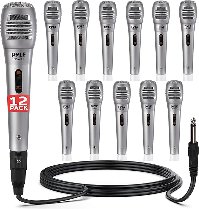 Pyle Professional Dynamic Microphone - 12-Pack Unidirectional Handheld Mic with Built-in Pop Filter, High Signal Output, 6.5 ft. XLR Audio Cable, Ideal for Stage, Karaoke & Studio Performances