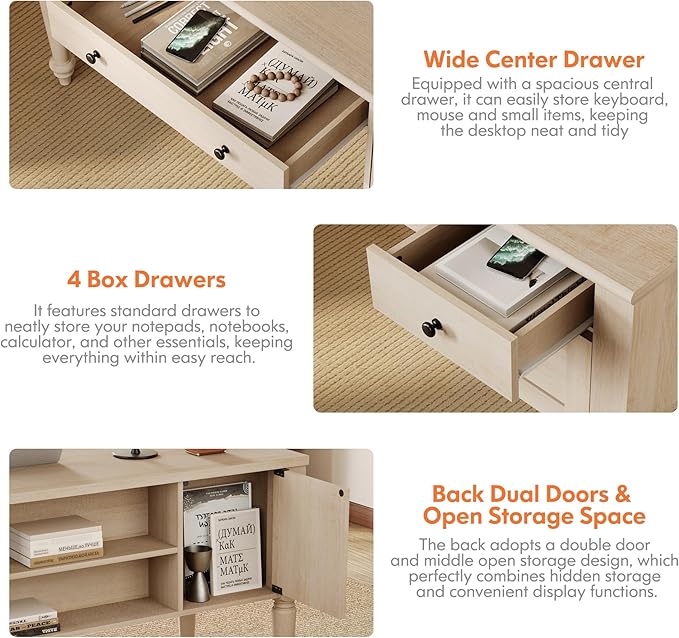 WAMPAT Home Office Furniture Set, 56'' Executive Desk with Charging Station, 2-in-1 Cabinet with Glass Doors, Wood Computer Desk with File Cabinet Storage, Open Shelf, Beige