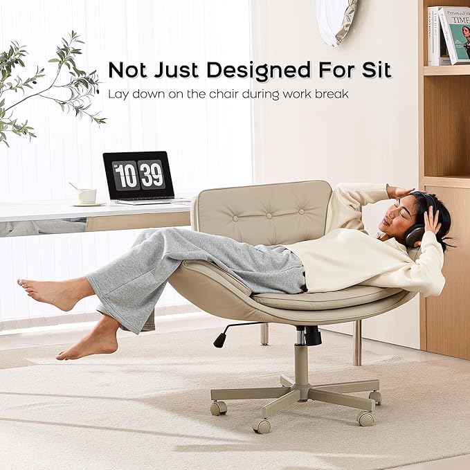 amseatec Criss Cross Chair with Armrests & Wheels, PU Leather Vanity Chair, Comfortable Adjustable Swivel Computer Office Desk Chairs for Home, Make Up, Bed Room (Cream)