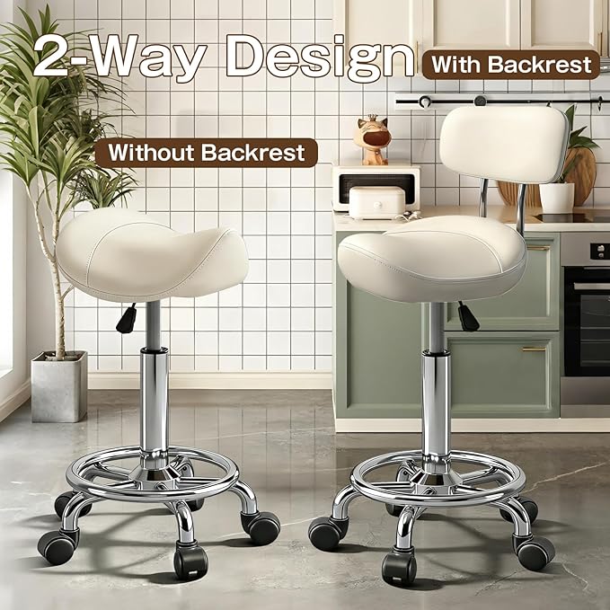 Saddle Stool with Back and Ring Pedal, Adjustable Hydraulic Rolling Chair with Wheels for Salon, Spa, Medical, Massage & Drafting Use White