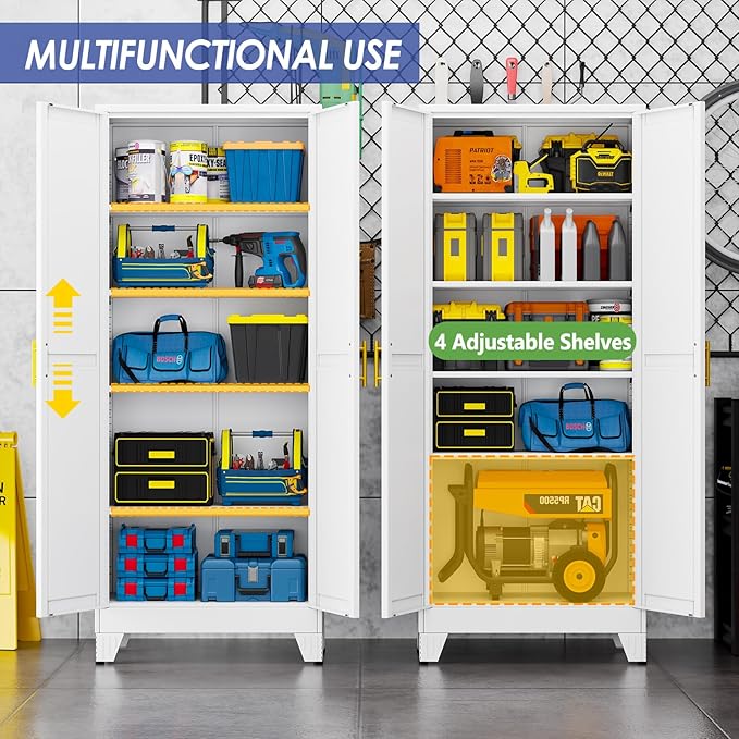 71" Metal Storage Cabinet with Adjustable Leveling Foot,Garage Storage Cabinets with 2 Doors and 4 Adjustable Shelves, Black Steel Cabinet for Office,Home,Garage(White)