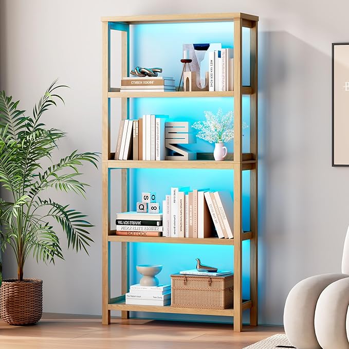 Vlsrka Wooden Bookshelf with Lights, 5 Tier Bookshelf with Storage, Tall Bookcase with Open Shelves, Standing Bookshelves Display Rack for Living Room, Home Office, Brown