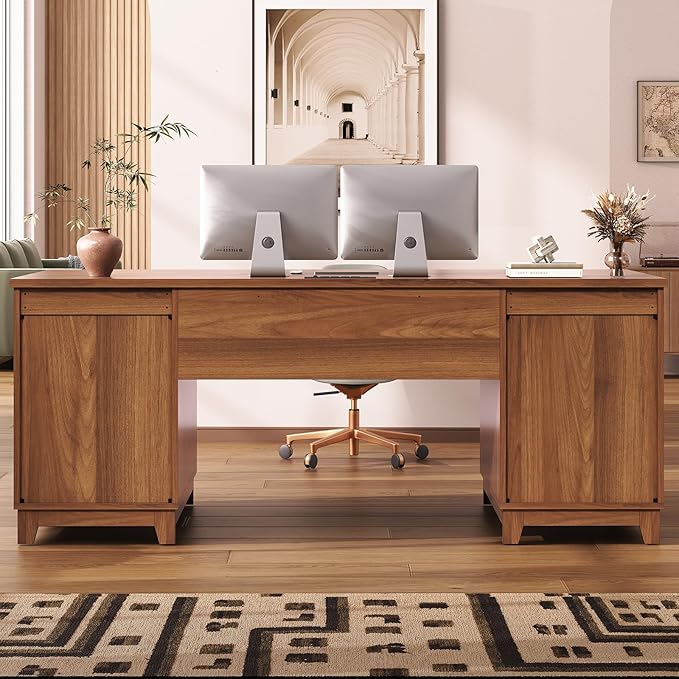 SEDETA 55.1" Fluted Office Desk with 6 Drawers, Modern Executive Desk with Acrylic File Drawers, Computer Desk with Power outlets for Home Office and Study (Brown)