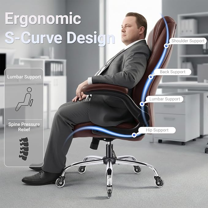 Big and Tall Office Chair for Heavy People, 500LBS High Back Extra Wide Executive PU Leather Office Chair with Flip-Up Armrests, Quiet Rubber Wheels, Comfortable Home Office Desk Chair(Brown)