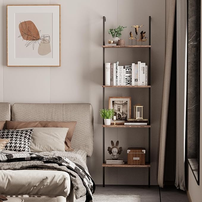 Wolawu Ladder Shelf 4 Tiers Metal Industrial Bookshelf,Brown Wood Tall Open Storage Rack and Display Shelves,Wall Mount Wide Book Case for Home Office Bedroom,Small