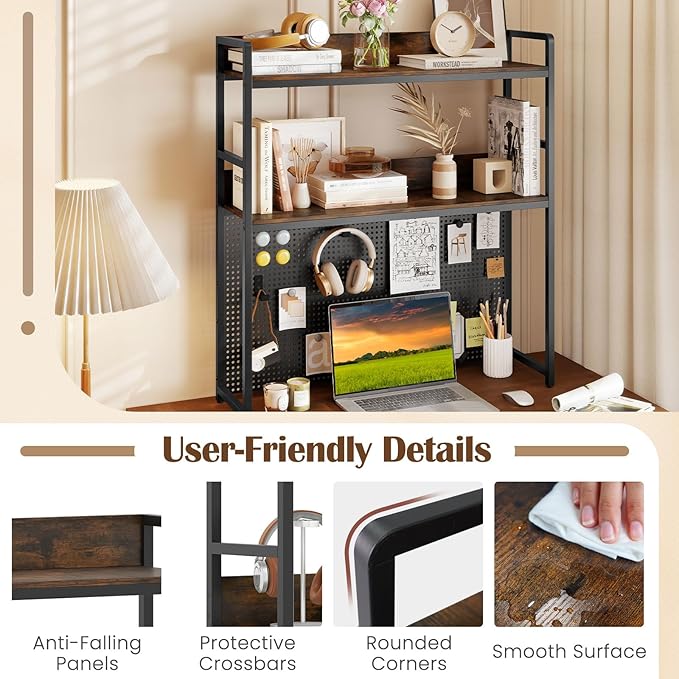 Giantex Desktop Bookshelf, 2-Tier Desk Hutch Dorm with Pegboard for up to 32" Computer Monitor, Industrial Countertop Storage Organizer Rack, Desk Shelf for Home Office, Rustic Brown