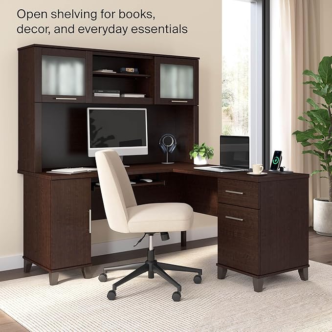Bush Home 60-Inch Desk Hutch, Office Storage Organizer with Shelves, Cubbies and Frosted Glass Doors for Computer Desk, Home Office Furniture, Somerset Collection, Mocha Cherry