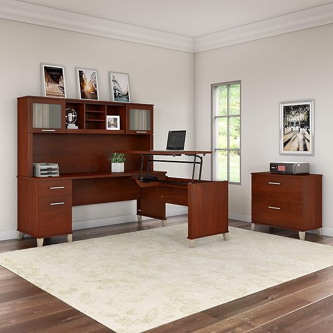 Bush Furniture Somerset 72W 3 Position Sit to Stand L Shaped Desk with Hutch and File Cabinet in Hansen Cherry