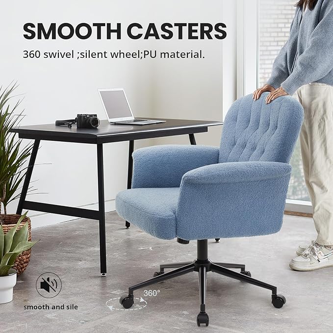 IWMH Home Office Desk Chair, Teddy Fabric Cozy Desk Chair with Wheels and Arms, Modern Upholstered High Back Wide Seat Vanity Chair for Bedroom Living Room Makeup (Blue)