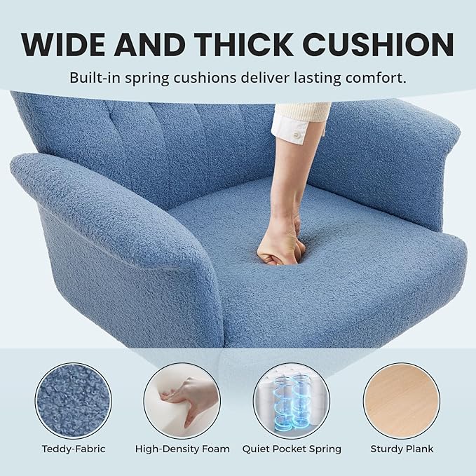 IWMH Home Office Desk Chair, Teddy Fabric Cozy Desk Chair with Wheels and Arms, Modern Upholstered High Back Wide Seat Vanity Chair for Bedroom Living Room Makeup (Blue)