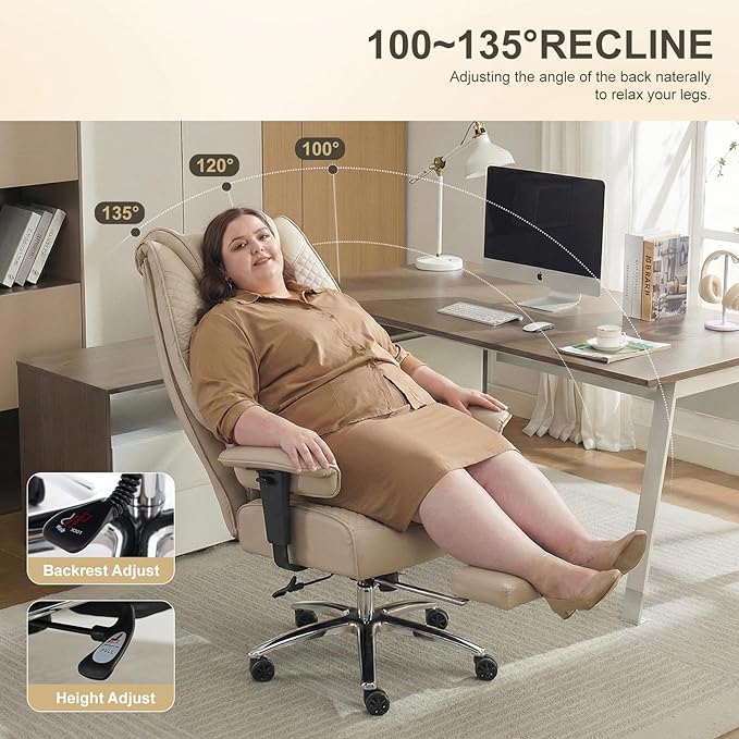 EXCEBET Big and Tall Office Chair 400lbs Wide Seat, Leather High Back Executive Office Chair with Foot Rest, Ergonomic Chairs Lumbar Support for Lower Back Pain Relief (Beige)