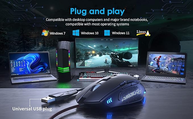 C309 Gaming Mouse Wired, Ergonomic Gamer Mouse PC Gaming Mice USB Optical Computer Mouse with RGB Backlit, 6 Adjustable DPI Up to 7200, 8 Programmable Buttons for Windows XP, 10, 8, 7, Mac OS, Linux