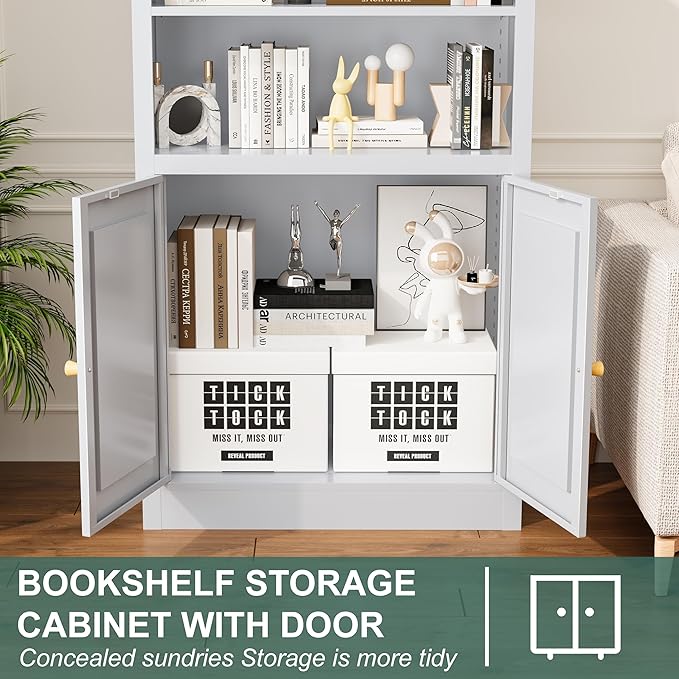 55" Tall Metal Bookcase,Heavy Duty Bookcases with Doors,Sturdy Modern Book Shelf with Cabinet,Industrial Display Book Case for Living Room,Office,Bedroom,White