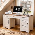 Decofy Farmhouse Executive Desk with Drawers, 55" Home Office Desks with Fast Charging Station, Lockable File Cabinet, Wood Writing Computer Desk for Work, Study, White
