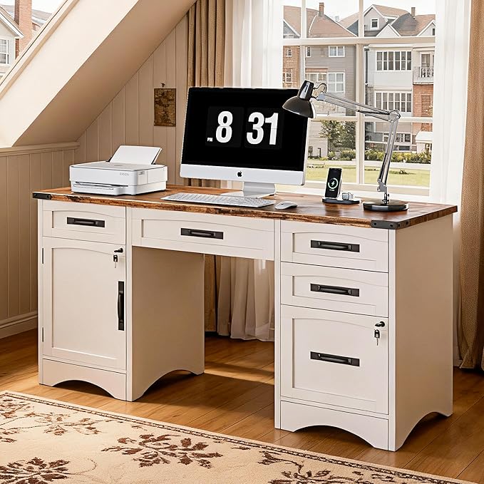 Decofy Farmhouse Executive Desk with Drawers, 55" Home Office Desks with Fast Charging Station, Lockable File Cabinet, Wood Writing Computer Desk for Work, Study, White